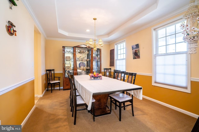 5 Susannah Dr, Chesterfield, NJ 08515 - dining area with baseboards, ornamental molding, light carpet, a raised ceiling, and an inviting chandelier