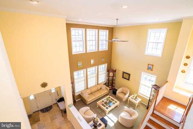 5 Susannah Dr, Chesterfield, NJ 08515 - living room with baseboards, a high ceiling, crown molding, and ceiling fan