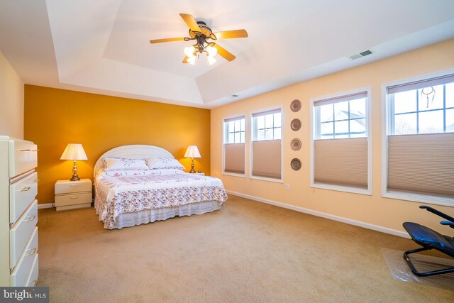 5 Susannah Dr, Chesterfield, NJ 08515 - carpeted bedroom featuring baseboards, a tray ceiling, visible vents, and a ceiling fan