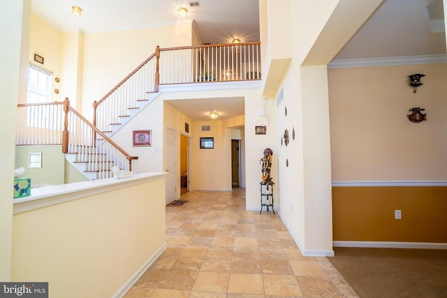 5 Susannah Dr, Chesterfield, NJ 08515 - entryway with visible vents, crown molding, baseboards, a towering ceiling, and stairway