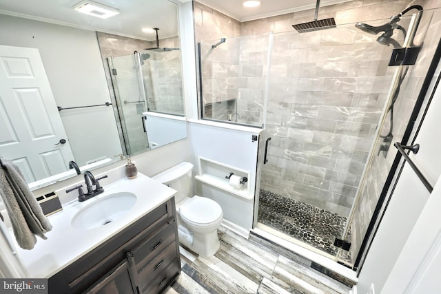14 Longview Rd, Seven Valleys, PA 17360 - full bathroom with toilet, wood finished floors, vanity, ornamental molding, and a shower stall