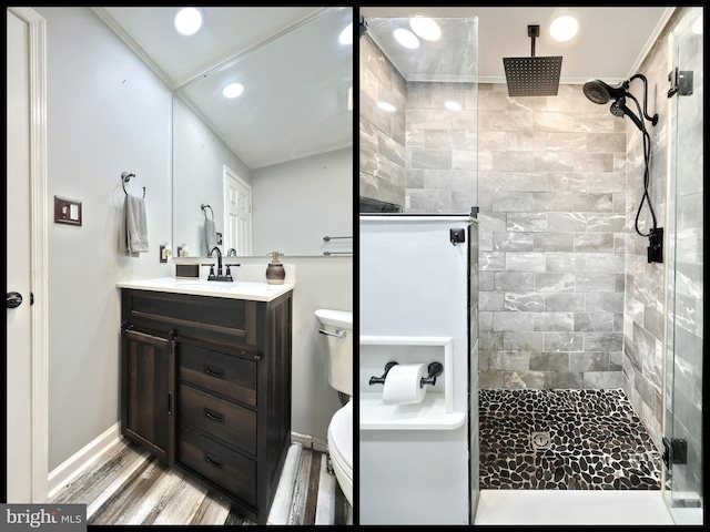 14 Longview Rd, Seven Valleys, PA 17360 - bathroom featuring a stall shower, recessed lighting, toilet, vanity, and wood finished floors