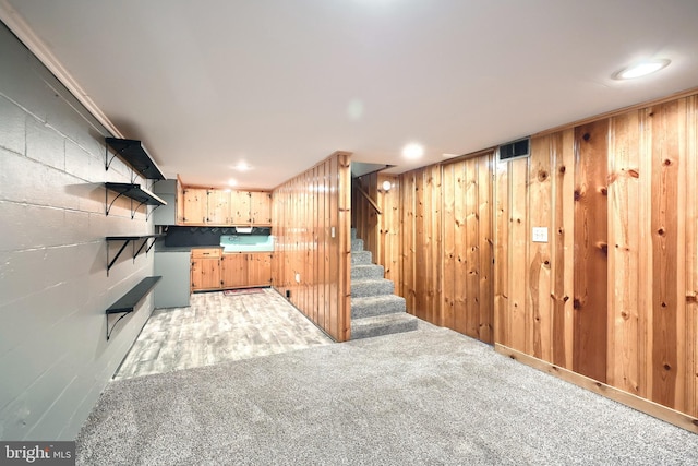 14 Longview Rd, Seven Valleys, PA 17360 - kitchen with wooden walls, open shelves, and light colored carpet