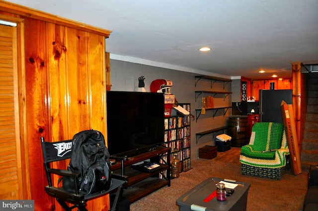 14 Longview Rd, Seven Valleys, PA 17360 - living area featuring ornamental molding, carpet flooring, and concrete block wall