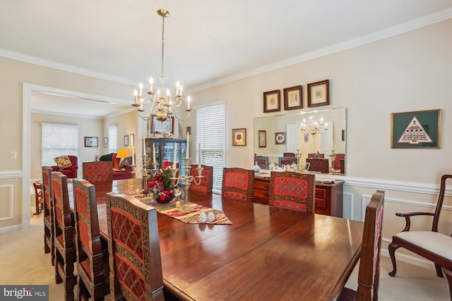 7906 Plum Creek Dr, Gaithersburg, MD 20879 - dining area with a chandelier, ornamental molding, a wainscoted wall, light colored carpet, and a decorative wall