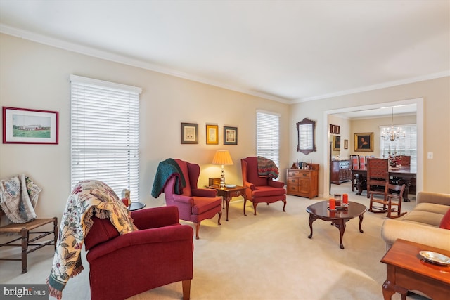 7906 Plum Creek Dr, Gaithersburg, MD 20879 - carpeted living room featuring crown molding and a chandelier