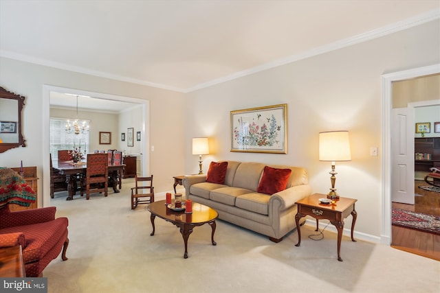 7906 Plum Creek Dr, Gaithersburg, MD 20879 - living area with crown molding, a chandelier, carpet flooring, and baseboards