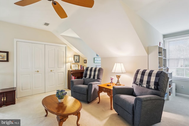7906 Plum Creek Dr, Gaithersburg, MD 20879 - living area featuring light colored carpet, ceiling fan, and vaulted ceiling