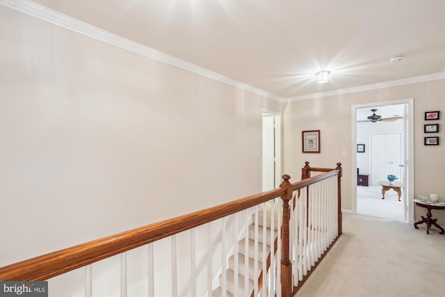 7906 Plum Creek Dr, Gaithersburg, MD 20879 - corridor featuring light colored carpet, ornamental molding, and an upstairs landing