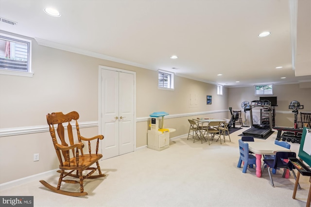 7906 Plum Creek Dr, Gaithersburg, MD 20879 - recreation room with recessed lighting, crown molding, carpet floors, and baseboards