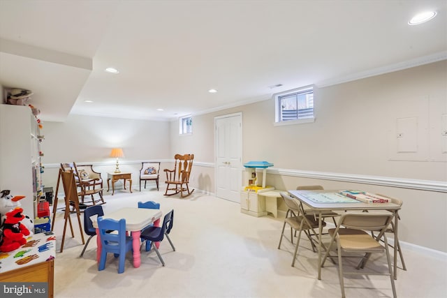 7906 Plum Creek Dr, Gaithersburg, MD 20879 - rec room with recessed lighting, ornamental molding, baseboards, carpet flooring, and electric panel