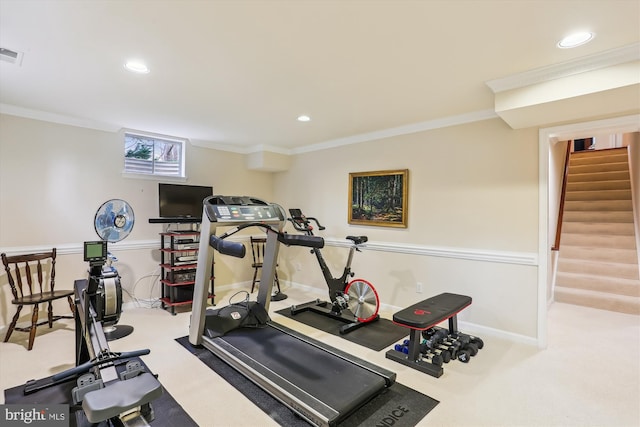 7906 Plum Creek Dr, Gaithersburg, MD 20879 - exercise room with baseboards, ornamental molding, recessed lighting, and carpet flooring