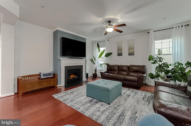 living area with plenty of natural light, a fireplace with flush hearth, wood finished floors, and ceiling fan