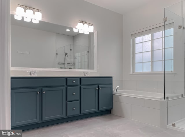 bathroom with a bath, a sink, double vanity, tile patterned floors, and a stall shower