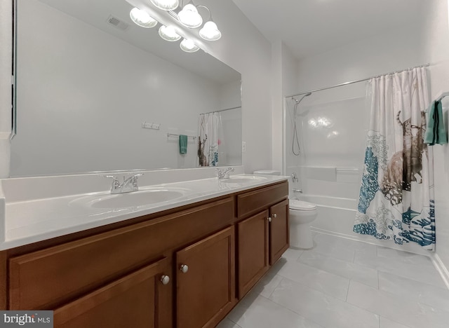 full bath with a sink, visible vents, double vanity, and shower / bath combination with curtain