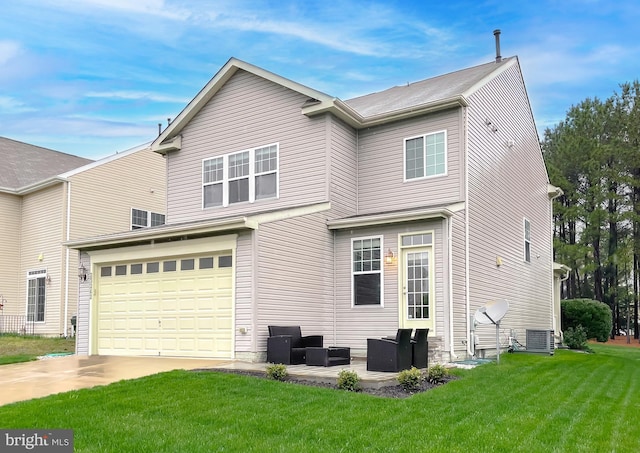 view of front of house featuring central AC unit, a garage, a front yard, and concrete driveway