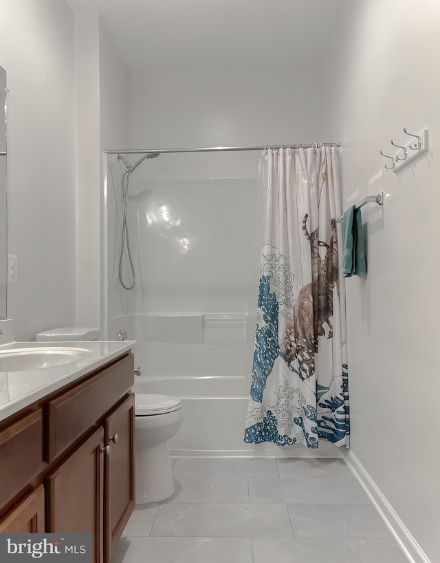 full bathroom with toilet, shower / bathtub combination with curtain, and vanity