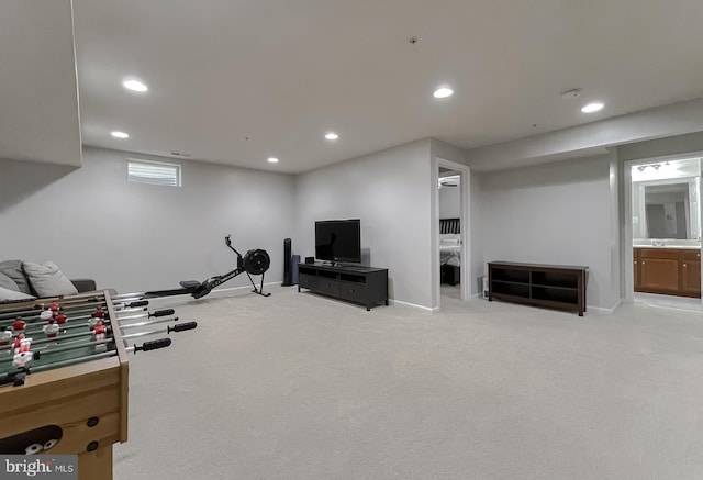 workout area featuring carpet flooring, baseboards, and recessed lighting