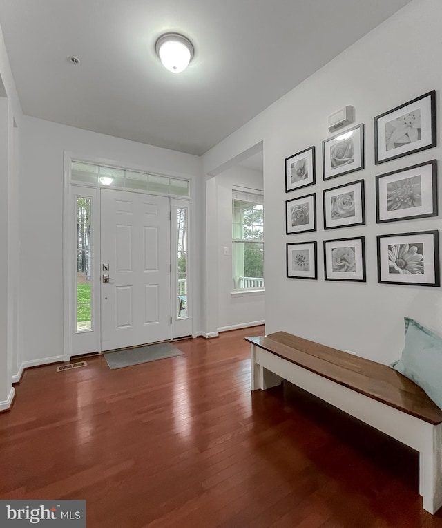 entrance foyer with a wealth of natural light, visible vents, baseboards, and wood finished floors