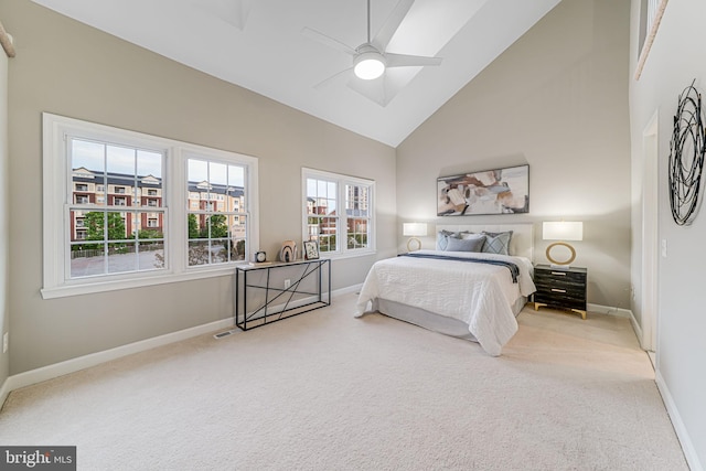 3568 S George Mason Dr Unit 12, Alexandria, VA 22302 - bedroom with visible vents, baseboards, carpet flooring, high vaulted ceiling, and ceiling fan