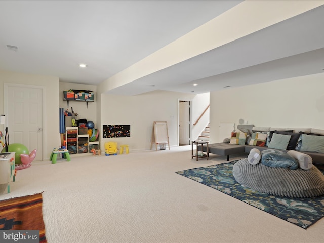 interior space with recessed lighting, carpet flooring, and stairs