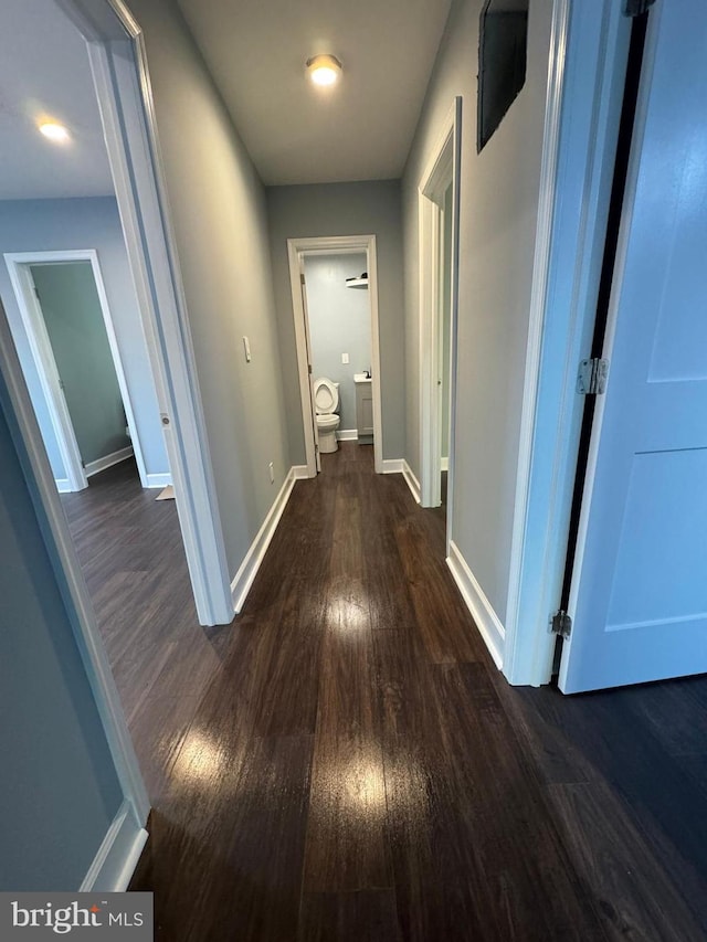 hallway featuring baseboards and dark wood-style floors