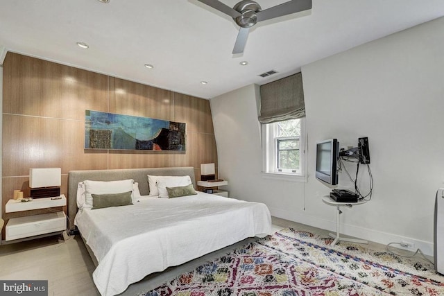 bedroom with a ceiling fan, recessed lighting, and baseboards
