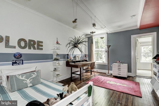 living room with hardwood / wood-style floors, ornamental molding, an office area, and baseboards