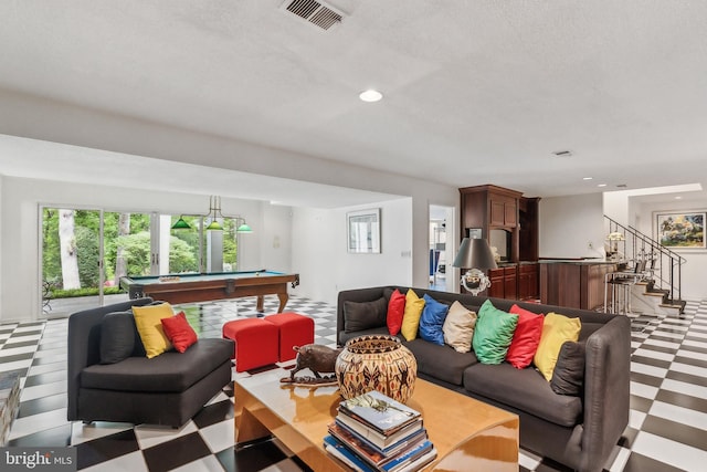 living room featuring recessed lighting, tile patterned floors, stairs, visible vents, and pool table