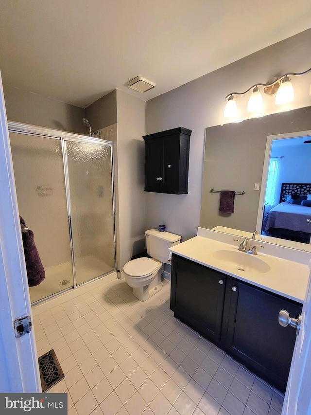 bathroom with ensuite bath, tile patterned floors, a shower stall, and vanity