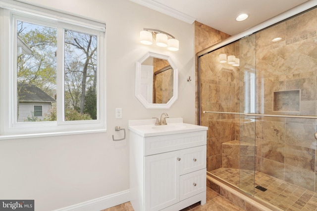 264 Capote Ct E, Severna Park, MD 21146 - bathroom with a stall shower, crown molding, and vanity