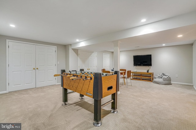 6515 Walters Woods Dr, Falls Church, VA 22044 - rec room featuring light carpet, baseboards, and recessed lighting