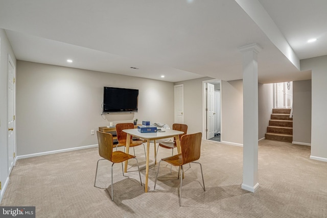 6515 Walters Woods Dr, Falls Church, VA 22044 - dining space with recessed lighting, baseboards, stairs, and light colored carpet