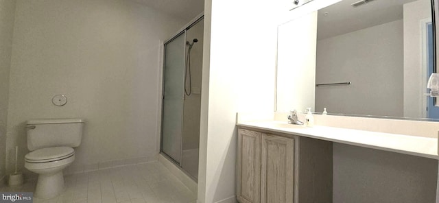 full bath featuring vanity, toilet, tile patterned floors, baseboards, and a stall shower