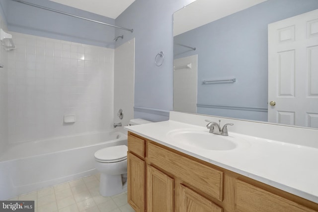 full bathroom featuring washtub / shower combination, toilet, and vanity