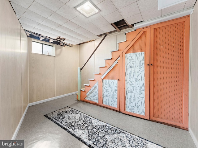 600 Maplewood Rd, Springfield, PA 19064 - below grade area featuring stairs, baseboards, visible vents, and a paneled ceiling