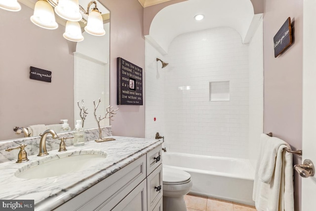 bathroom with vanity, tile patterned floors, toilet, recessed lighting, and tub / shower combination