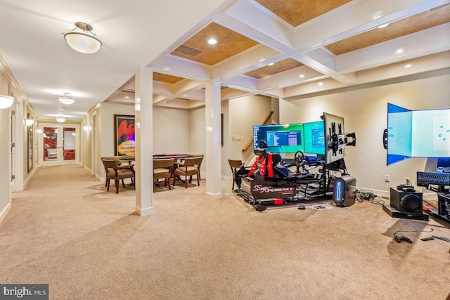 rec room featuring carpet flooring, baseboards, beam ceiling, and coffered ceiling