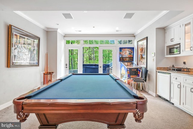 rec room with crown molding, baseboards, pool table, and light colored carpet