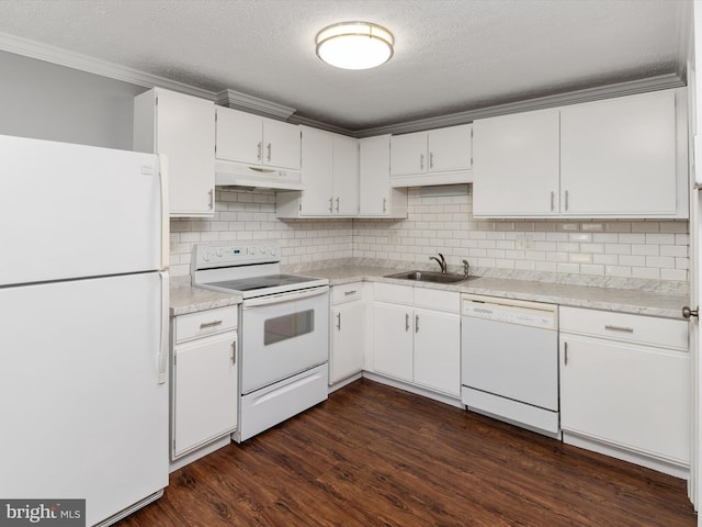 13347 Demetrias Way W, Germantown, MD 20874 - kitchen with a sink, under cabinet range hood, white appliances, and white cabinetry