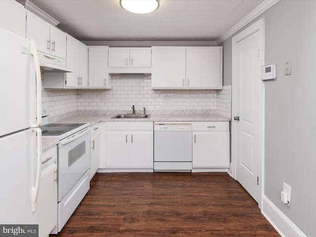 13347 Demetrias Way W, Germantown, MD 20874 - kitchen featuring white appliances, light countertops, under cabinet range hood, tasteful backsplash, and a sink