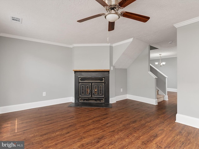 13347 Demetrias Way W, Germantown, MD 20874 - unfurnished living room with ornamental molding, wood finished floors, stairway, a textured ceiling, and ceiling fan with notable chandelier