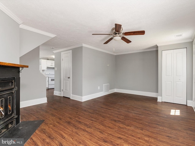 13347 Demetrias Way W, Germantown, MD 20874 - unfurnished living room featuring ceiling fan, visible vents, baseboards, dark wood-style floors, and ornamental molding