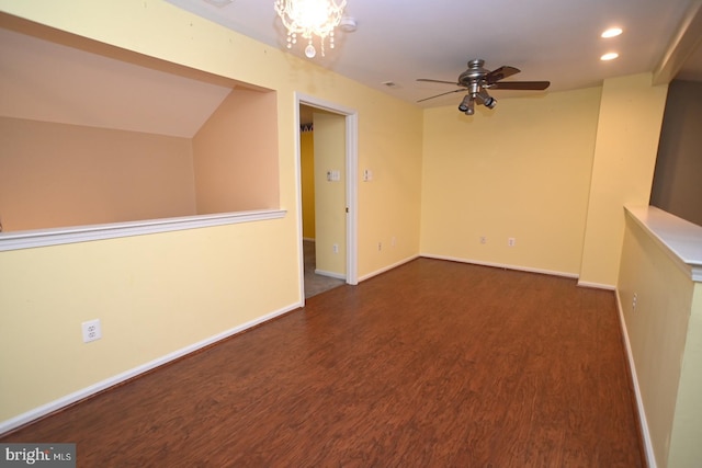 unfurnished room featuring recessed lighting, ceiling fan, baseboards, and wood finished floors