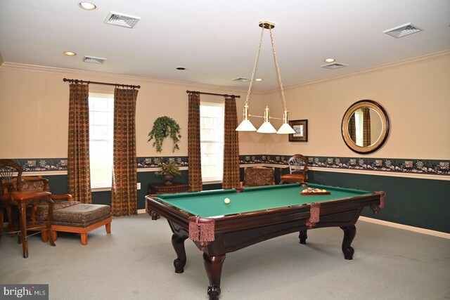recreation room featuring a wealth of natural light, visible vents, carpet floors, and billiards