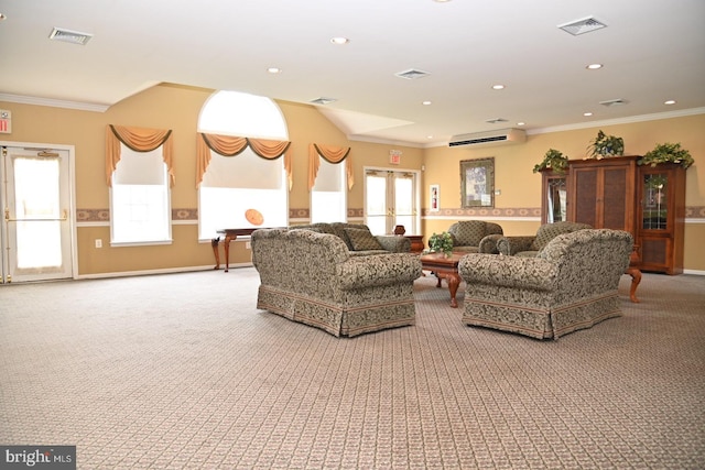 carpeted living area with french doors, visible vents, and ornamental molding