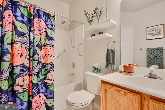 full bathroom with vanity, toilet, and shower / bath combination with curtain
