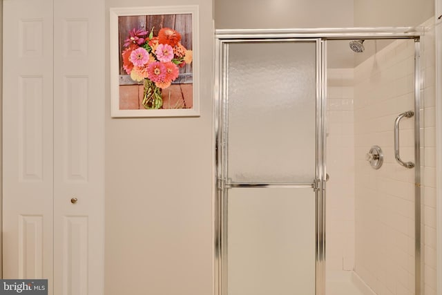 bathroom featuring a shower stall and a closet