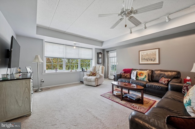 living room featuring a healthy amount of sunlight, rail lighting, and carpet flooring