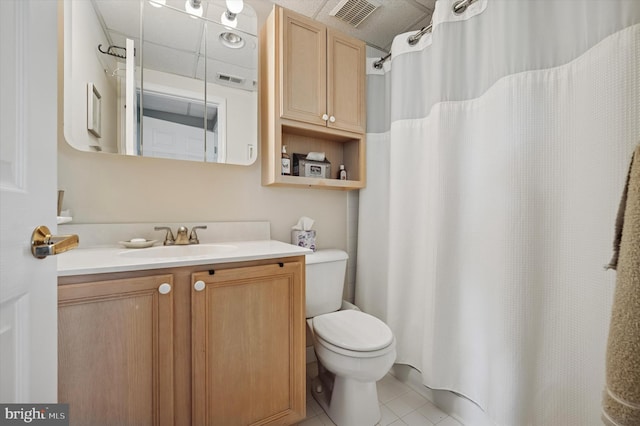 full bathroom with a shower with curtain, vanity, tile patterned floors, toilet, and visible vents
